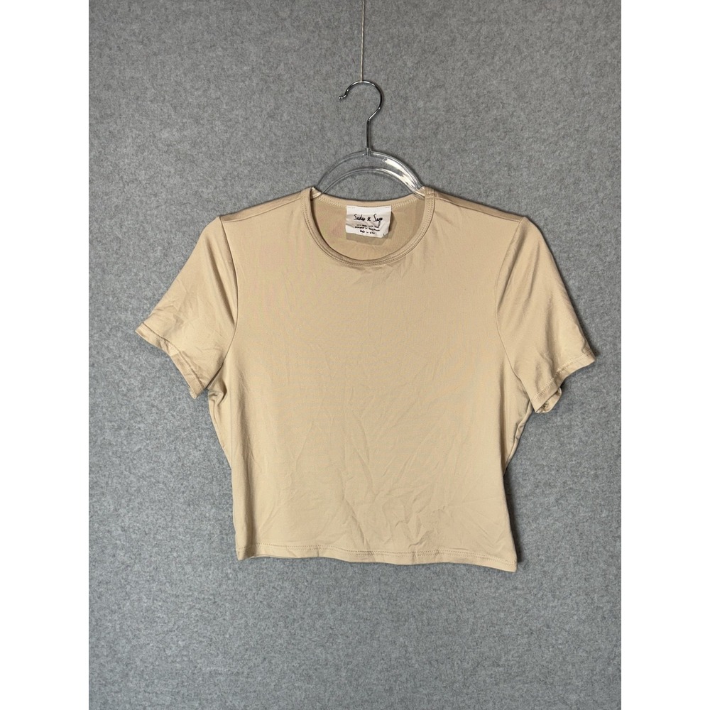 Sadie & Sage Shirt Womens Large Beige Crop Top Short Sleeve Stretch USA Casual